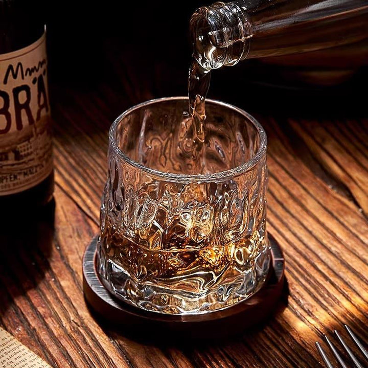 Copo de Whisky Cristal Rotativo com Base de Madeira Houss