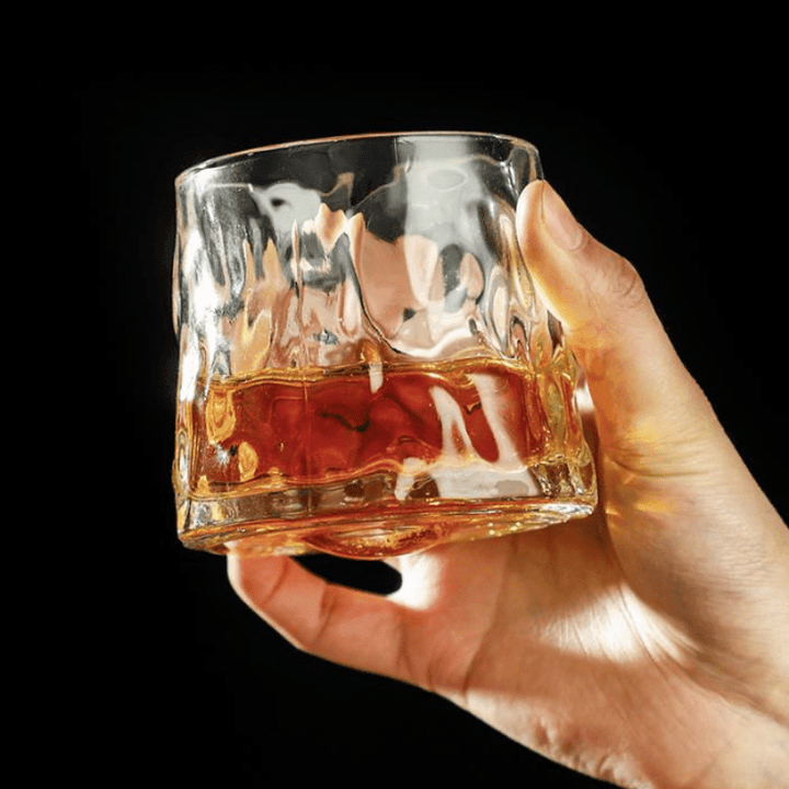 Copo de Whisky Cristal Rotativo com Base de Madeira Houss