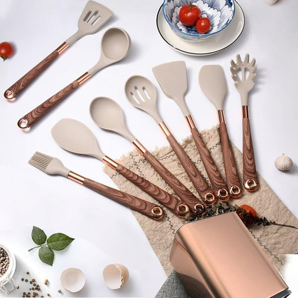 Kit Utensílios Rosé de Cozinha Silicone 10 Peças Com Organizador Houss