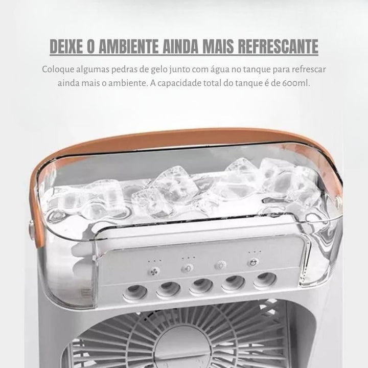 Deixe o ambiente ainda mais refrescante com o colcando algumas pedras de gelo no tanque do Mini Ar Condicionado e Ventilador de Mesa Umidificador Houss