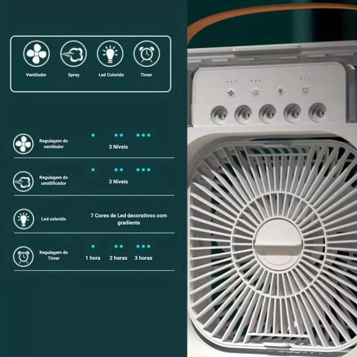 Mini Ar Condicionado e Ventilador de Mesa Umidificador Houss apresenta regulagem de ventilador, umidificador, além de LED colorido e timer